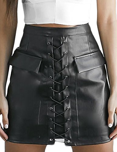 Prograce Women Lace Up Bodycon Front Big Pockets Tight High Waist PU Mini Skirt