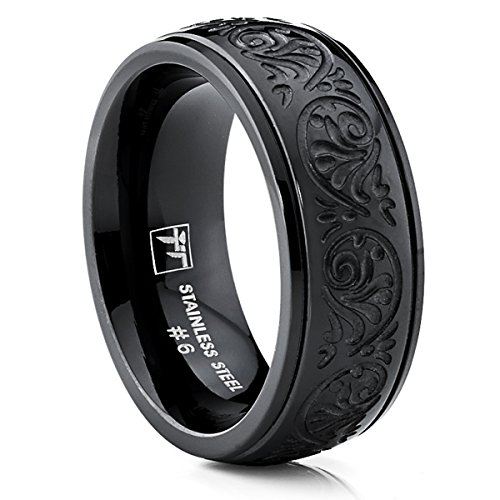 7MM BLACK Stainless Steel Ring With Engraved Florentine Design Sizes 6 to 12