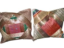 2 Red Pink Green Vintage Sari Zari Borders Toss Cushion Covers