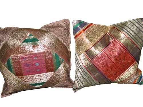 2 Red Pink Green Vintage Sari Zari Borders Toss Cushion Covers