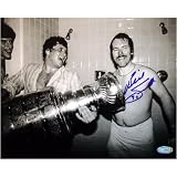 Billy Smith Autographed With Cup In Locker Room Black & White 8x10 Photograph