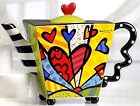 Romero Britto Teapot Square Heart Ceramic Dolomite Tea Pot Infuser Cup Decor New