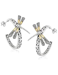 18K Yellow Gold and Sterling Silver Baroque Inspired Dragonfly Hoop Earrings