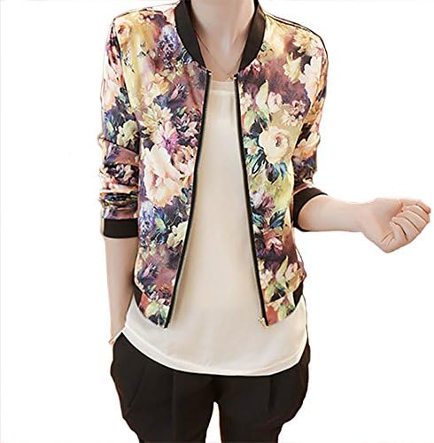 Pacoco Women Stand Collar Long Sleeve Zipper Floral Printed Bomber Jacket (L)