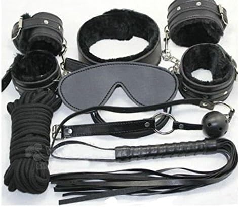 FINCO(TM) 7pcs Black Soft Fur Lined Leather Premium Restraint Kits Fetish SM Bondage Wear Devices Flirting Toy Locking Ankle Cuffs Slave Collar and Leash Heavy Duty Handcuffs Flogger Eyemask Rope Ball Gag Bdsm Metal Restraint for Sex