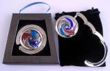 50 Murano Art Glass (blue red gold swirl) FOLDING purse hooks with black velvet in Gift Box