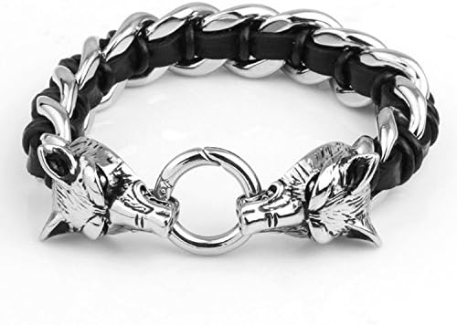 Etrys Original Mens 2 Wild Lion Head Lock Stainless Steel and Leather Cross Bracelet for Man