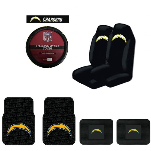 A Set of 2 Universal-Fit NFL Rubber Floor Mats, 2 Vinyl Utility Mats, 2 Front Universal Fit Bucket Style Seat Covers, and a Comfort Grip Steering Wheel Cover - San Diego Chargers