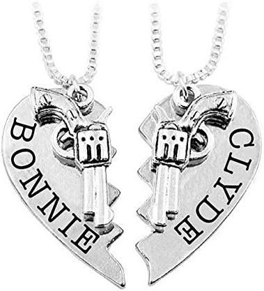 Danald Fashion 2pcs THELMA LOUISE Letter Heart Shaped Stitching Gun Necklace Pistol Pendant for Best Friends (Bonnie Clyde -Silver)
