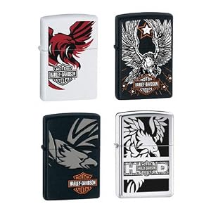 Zippo Harley Davidson Lighter Set of Four - Red Eagle, Eagle & Stars, Flying Eagle, and Preying Eagle Bar and Shield Logo