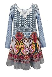 Girls Above the Knee Striped Print Paisley Long Sleeves Chiffon/Cotton/Polyester/Spandex/Knit Lace Round Neck  Dress