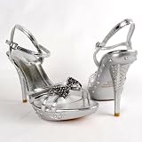 Ankle Strap Evening High Heel Rhinestone Bow Party Dress Sandals Silver , 5-10