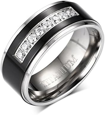 8mm Men's Black Titanium Wedding Band Ring with 8 Simulated CZ Set (8)