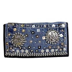 Denim Silver Beaded Checkbook Wallet Crafted from Vintage Denim, 7 1/2" x 4"