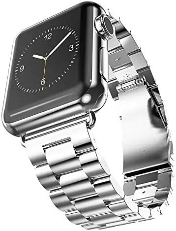Apple Watch Band, Stainless Steel Metal Replacement Smart Watch Band with Double Button Folding Clasp for all Apple Watch (Stainless Steel Silver) (White 42 mm)