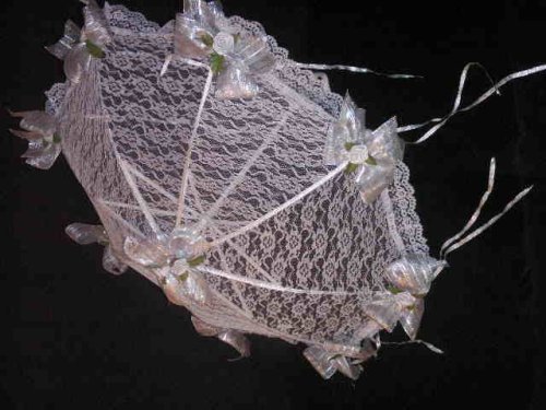 Decorated Bridal Shower Wedding White Lace Umbrella Parasol 32" Silver Roses