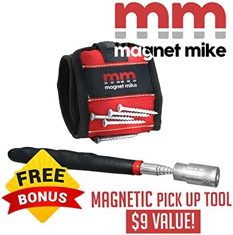 Magnet Mike Wristband Strap Screw &amp; Tool Holder - Adjustable Velcro Fastener Keeps Drill Bits Washers &amp; Nails at Your Fingertips for Construction DIY plus FREE Pick Up Tool - Light Telescoping Handle