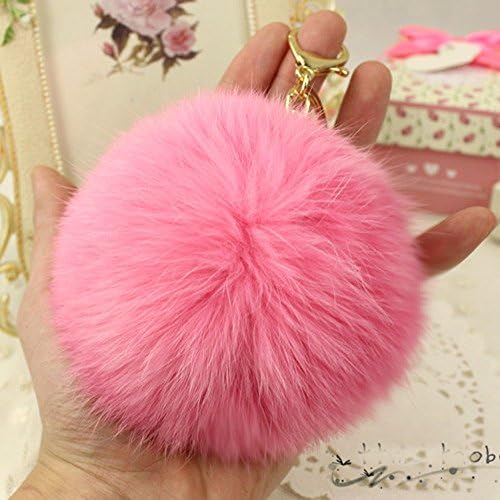 WannaBi Gold Plated Keychain Cute Genuine Rabbit Fur Ball Pom Pom Furry Keychain for Car Key Ring Handbag Tote Bag Pendant Charm