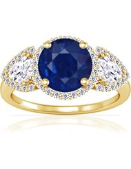 14K Yellow Gold Round Cut Blue Sapphire Ring With Sidestones