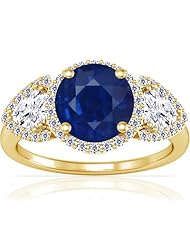 18K Yellow Gold Round Cut Blue Sapphire Ring With Sidestones