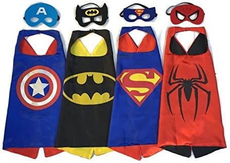 QIRG Superhero Dress Up Costumes -4 Satin Capes and 4 Felt Masks and Superhero Party Supplies for Kids