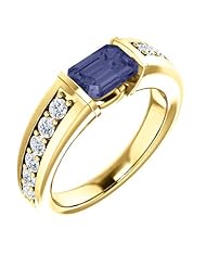 10K Yellow Gold 7.00x5.00mm Emerald Cut Iolite and Diamond Ring -- LIFETIME WARRANTY