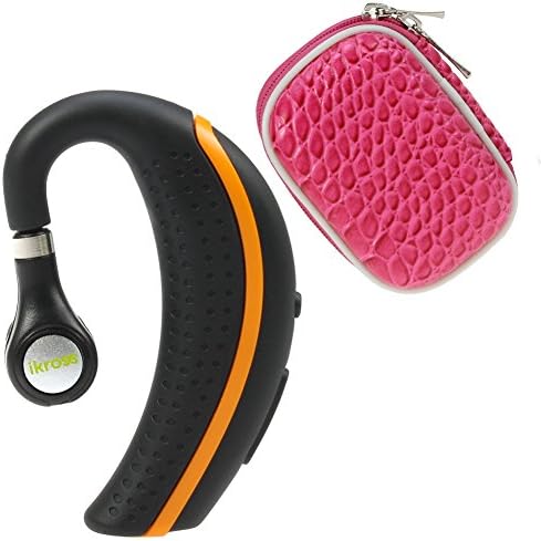 iKross Black/ Orange Behind-the-Ear Wireless Bluetooth Handsfree Headset + Hot Pink Small Eva Headset Case for Motorola Moto E, Moto G, Moto X, Droid Mini/ Maxx/ Ultra