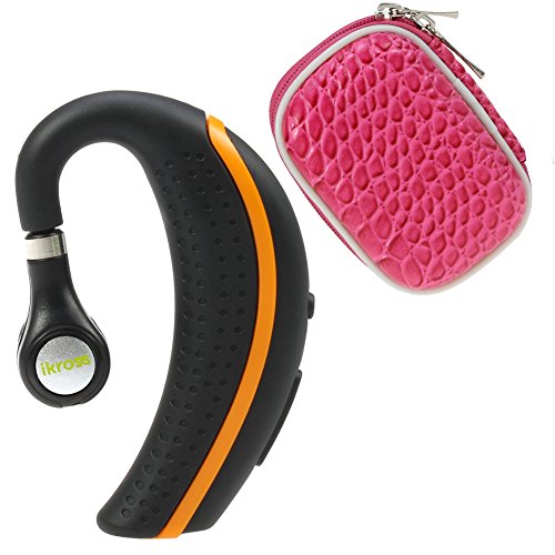 iKross Black/ Orange Behind-the-Ear Wireless Bluetooth Handsfree Headset + Hot Pink Small Eva Headset Case for Motorola Moto E, Moto G, Moto X, Droid Mini/ Maxx/ Ultra