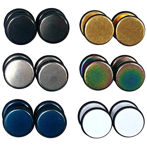 LilMents 6 Pairs Set Rubber Band Outline 8mm Round Circle Fake Cheater Plug Illusion Tunnel Mens Womens Stainless Steel Stud Earrings