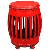 EXP Handmade 20" Barrel-Shaped Red Wood Standing Accent / End Table With Carved Open Body