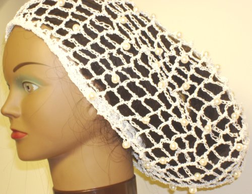 Click here to buy Hand Crocheted Ivory Rayon Cotton Gimp Large Snood Trimmed with White Pearls for Women Offered in....