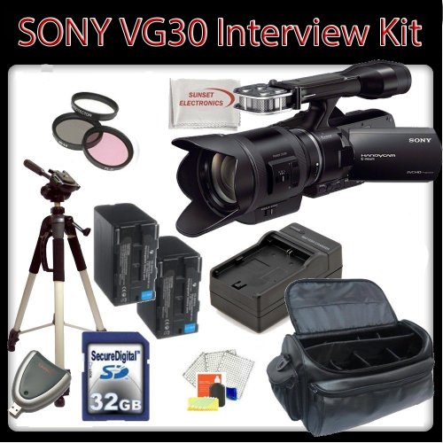 Sony NEX-VG30 Interchangeable Lens HD Handycam Camcorder With Sony 18-200mm E-mount Lens + Interview Package - Includes: 3 Piece Filter Kit (UV,CPL,FLD), 32GB SDHC Memory Card, Card Reader, Full Size Tripod, 2 Replacement NP-FV100 Battery Packs, Rapid Travel Charger, Carrying Case & SSE Microfiber Cleaning Cloth Sony NEX-VG30 Interchangeable Lens HD Handycam Camcorder With Sony 18-200mm E-mount Lens + Interview Package - Includes: 3 Piece Filter Kit (UV,CPL,FLD), 32GB SDHC Memory Card, Card Reader, Full Size Tripod, 2 Replacement NP-FV100 Battery Packs, Rapid Travel Charger, Carrying Case & SSE Microfiber Cleaning Cloth