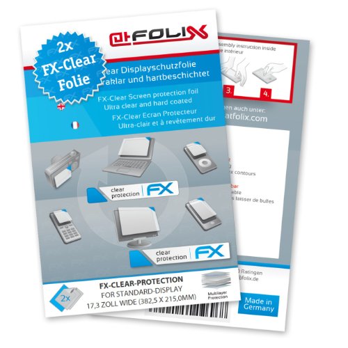 2 x atFoliX FX-Clear Displayschutzfolie für Standard-Display 17,3 Zoll wide (382,5 x 215,0mm) / 17.3 Zoll widescreen - Displayschutz kristallklar! Höchste Qualität - Made in Germany!