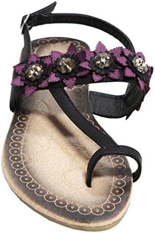 Bolaro DF5038 Women's toe ring crystal flower decor upper slingback ankle strap PU sandals Black 8