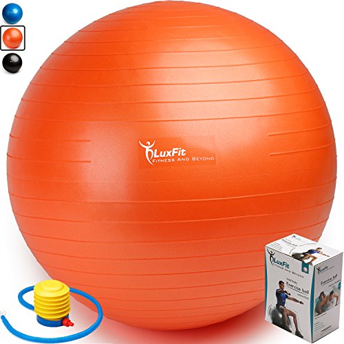 Exercise Ball, LuxFit Premium EXTRA THICK Yoga Ball '2 Year Warranty' - Swiss Ball Includes Foot Pump. Anti-Burst - Slip Resistant! 45cm, 55cm, 65cm, 75cm, 85cm Size Fitness Balls (Orange, 75cm)