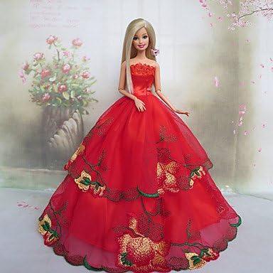 MWV Barbie Doll Red Rose Design Princess Wedding Dress