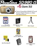 Canon PowerShot SD980 IS Digital Camera 12.1MP Gold With Essential Powershot Accessory Package Includes 8GB Memory, Spare Battery, Tripod + More