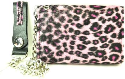 Fuzzy Leopard Tri-fold Bikers Wallet with 16" Chain Pink