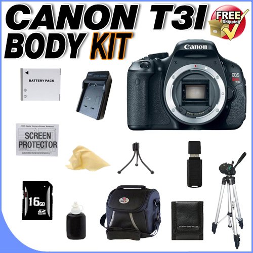 Canon EOS Rebel T3i 18 MP CMOS Digital SLR Camera (Body Only) and DIGIC 4 Imaging + 16GB SDHC Memory Card + Extended Life LPE8 Battery + Ac/Dc Rapid Charger + Deluxe Case w/Strap + Full Size Tripod + Memory Card Wallet + USB Card Reader + Accessory Saver Bundle!