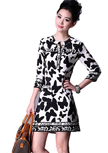 ワンピース Vネック バタフライ柄 蝶 バタフライプリント モノトーン フロントポケット Ａライン 半袖/七分袖 フレアスカート エレガント 大きいサイズ 春夏秋 クマのぬいぐるみ付き K-1826