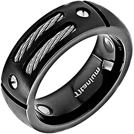 Master Jewels - 8mm Men's Black Titanium Ring Wedding Band with Stainless Steel Cables and Screw Design Wedding Ring, Master Design Men's Modern Style Titanium Engagement Ring (12)