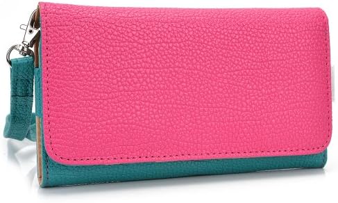 Smartphone Wallet Cover Case fits Alcatel One Touch Fire E Aqua Forest Green Hot Pink with Hand Strap + ND Velcro Cable Tie