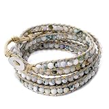 Pugster Classic White Green Turquoise Beads Wrap Bracelet On Gray Leather Chip Stone