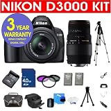Nikon D3000 10.2 MP Digital SLR Camera with 18-55mm f/3.5-5.6G AF-S DX VR Nikkor Zoom Lens + Sigma 70-300MM Macro Zoom Lens + High Capacity Li-Ion Battery + 4 GB Memory Card + 50″ Titanium Anodized Tripod + 6 Piece Accessory Kit + Deluxe Padded Camera Bag + Multi-Coated Glass UV Filter + Multi-Coated Glass Polarizer Filter + 3 Year Warranty Repair Contract