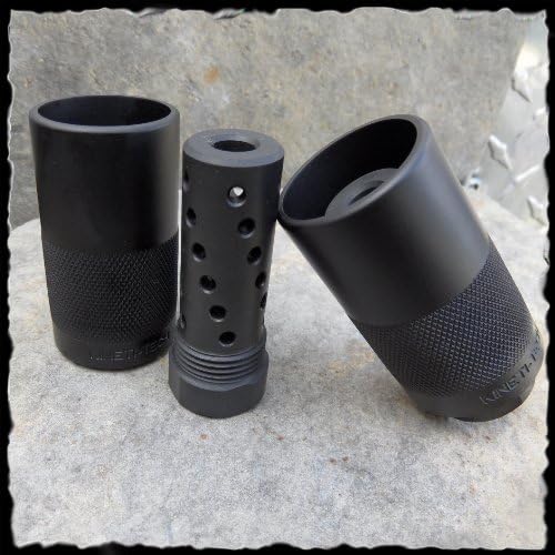 Kineti-Tech Muzzle Brake Twisted Port with Sound Redirect 1/2 X 28 threads with 13/16 - 16 Threaded sleeve