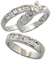14k White Gold Trio 3-Piece His (5mm) & Hers (4mm; 6mm) Wedding Band Set, w/ 1.02 Carats Brilliant Cut, Baguette & Invisible-set Diamonds; (Men's Size 9 to 12; Ladies' Size 6 to 8)