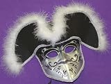 Silver & Black Supreme Venetian, Masquerade, Mardi Gras Mask With Feather Trim Hat