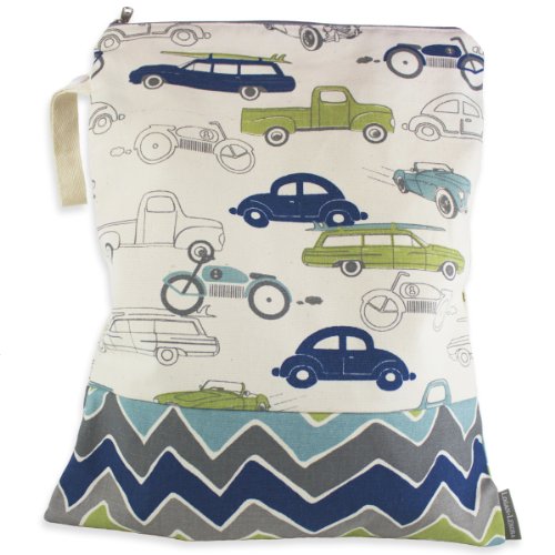 Logan + Lenora Classic Wet Bag - Medium Cloth Diaper Wet Bag - Beach, Pool, Gym Bag for Swimsuits or Wet Clothes - Made in USA -Waterproof (ZOOM Cars)