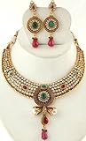Faux Emerald and Ruby Necklace with Earrings Set - Copper Alloy with Cut Glass