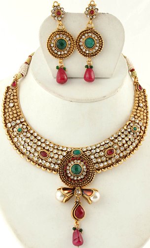 Faux Emerald and Ruby Necklace with Earrings Set - Copper Alloy with Cut Glass